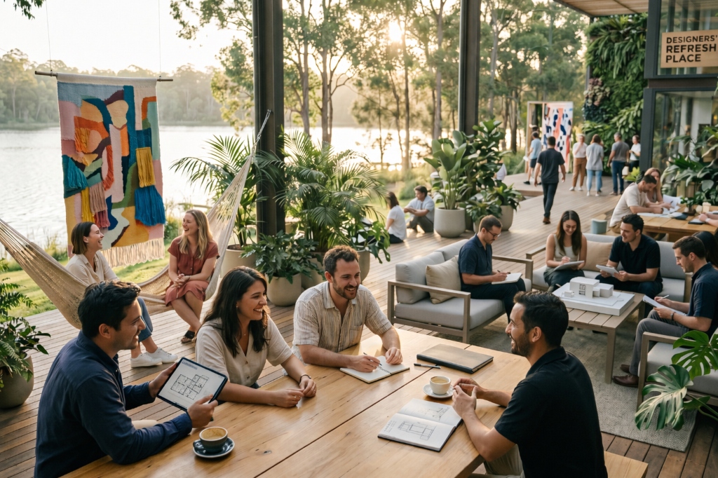 Designers collaborating in a modern outdoor pavilion by a lake