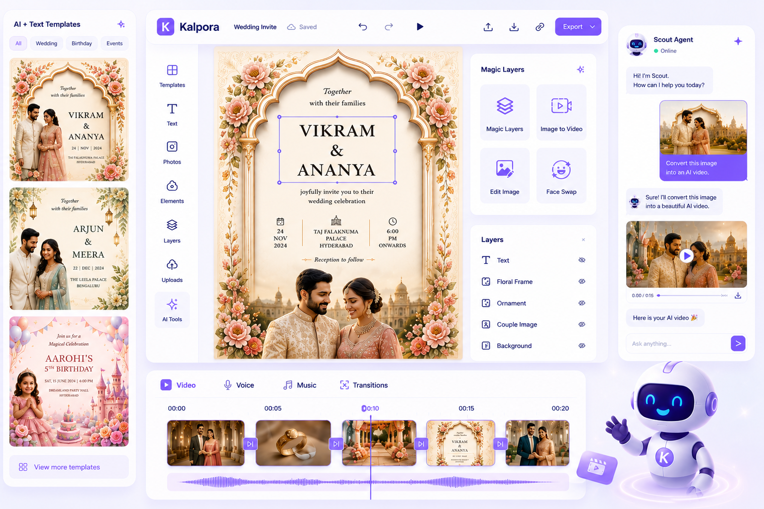 Kalpora AI Studio editor showing a wedding invitation being customized with Magic Layers, Scout AI, and AI design tools