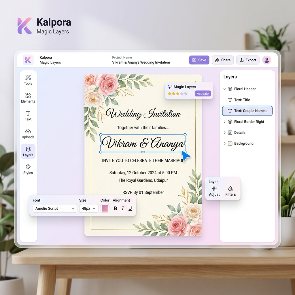 Magic Layers before and after comparison showing a floral wreath image converted into separated editable text and graphic layers