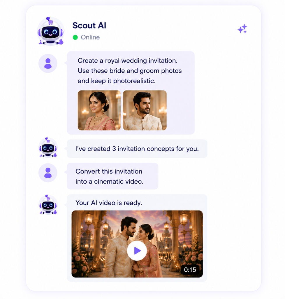 Scout AI assistant conversation layout showing invitation customization and video options